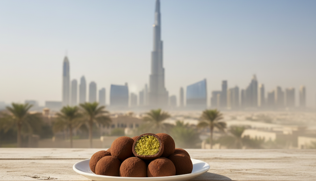 두바이의 스카이라인을 배경으로 야외 목재 테이블 위에 놓인 두바이 쫀득 쿠키 디저트 접시 이미지입니다.
