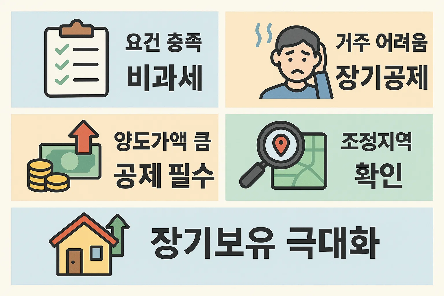 조건 충족 시 비과세 적용, 거주 어려움 시 장기공제 활용, 양도가액 큰 경우 공제 필수, 조정지역 확인 및 장기보유 극대화를 통한 절세 전략 인포그래픽
