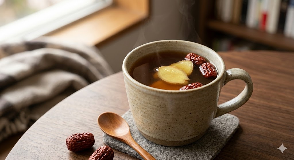 "투박하고 따뜻한 느낌의 ceramic 컵에 담긴 깊은 갈색의 생강대추차. 차 안에는 얇게 썬 생강 조각들과 붉은 건대추가 띄워져 있다. 컵 옆 우드 테이블 위에는 건대추 몇 알이 놓여 있다."