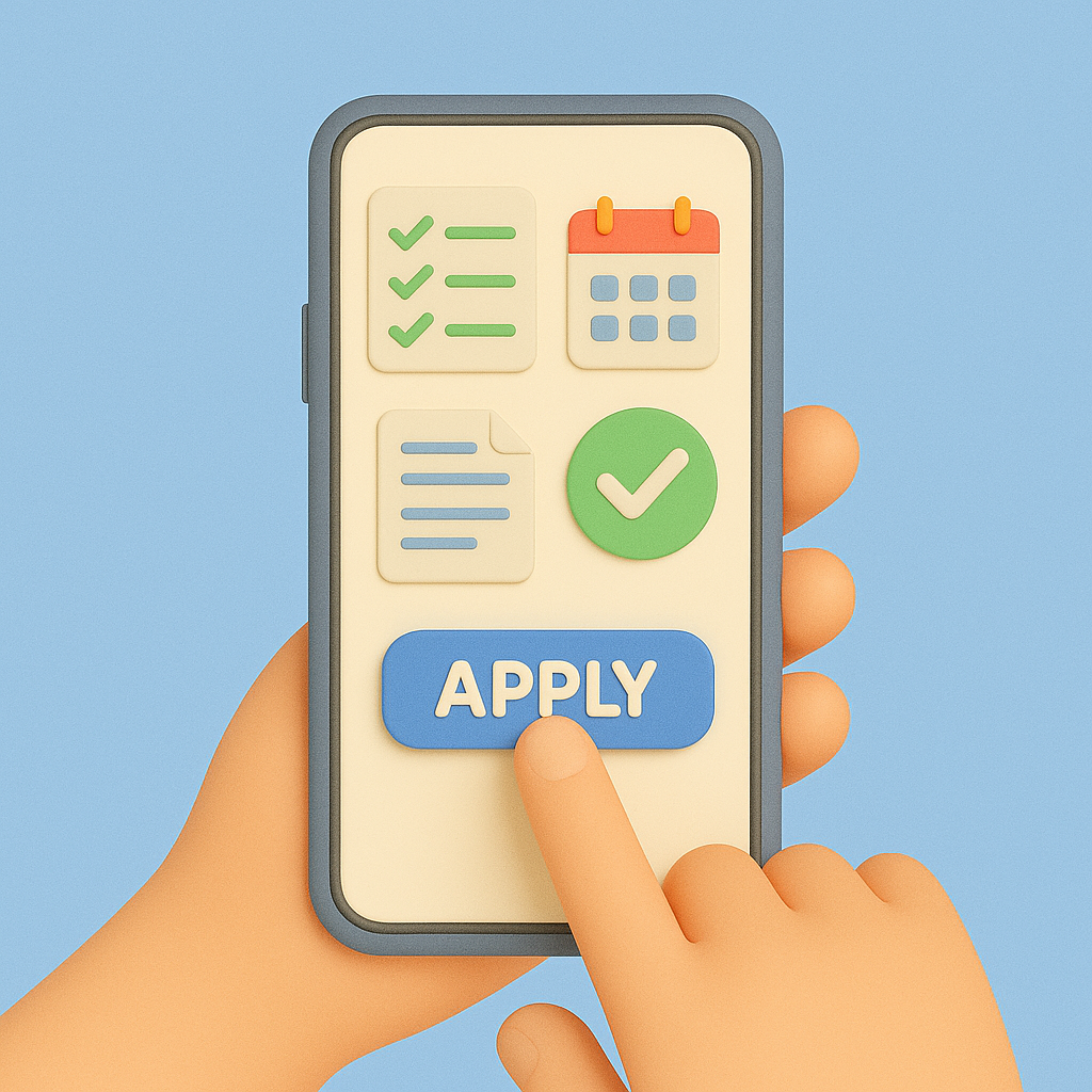 스마트폰 화면에 체크리스트, 달력, 서류 아이콘이 나타나고 손가락이 신청 버튼을 누르는 3D 일러스트. 주의사항과 절차를 시각적으로 표현한 구성.
