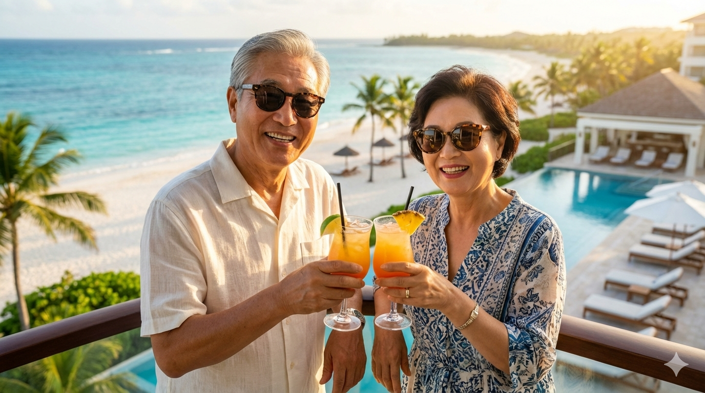 노부부가 여행 가방을 들고 공항에서 여유롭게 웃고 있는 사진 위에 '자식 눈치 안 보기'라는 텍스트가 적힌 모습