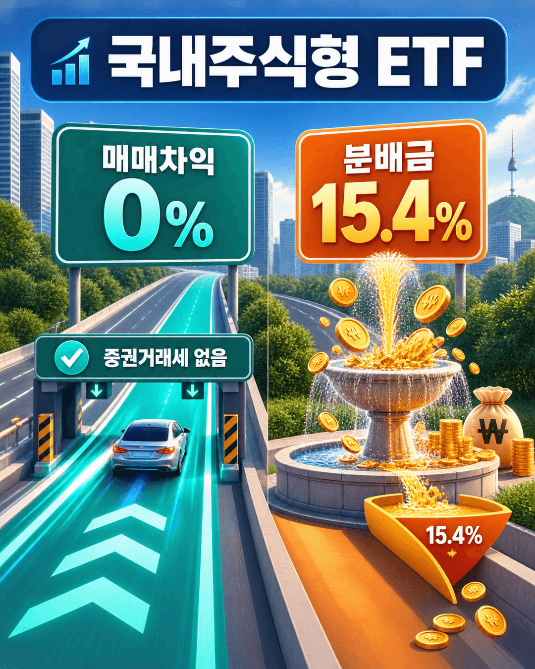 국내주식형 ETF의 매매차익 0퍼센트 분배금 15.4퍼센트 증권거래세 없음 비교