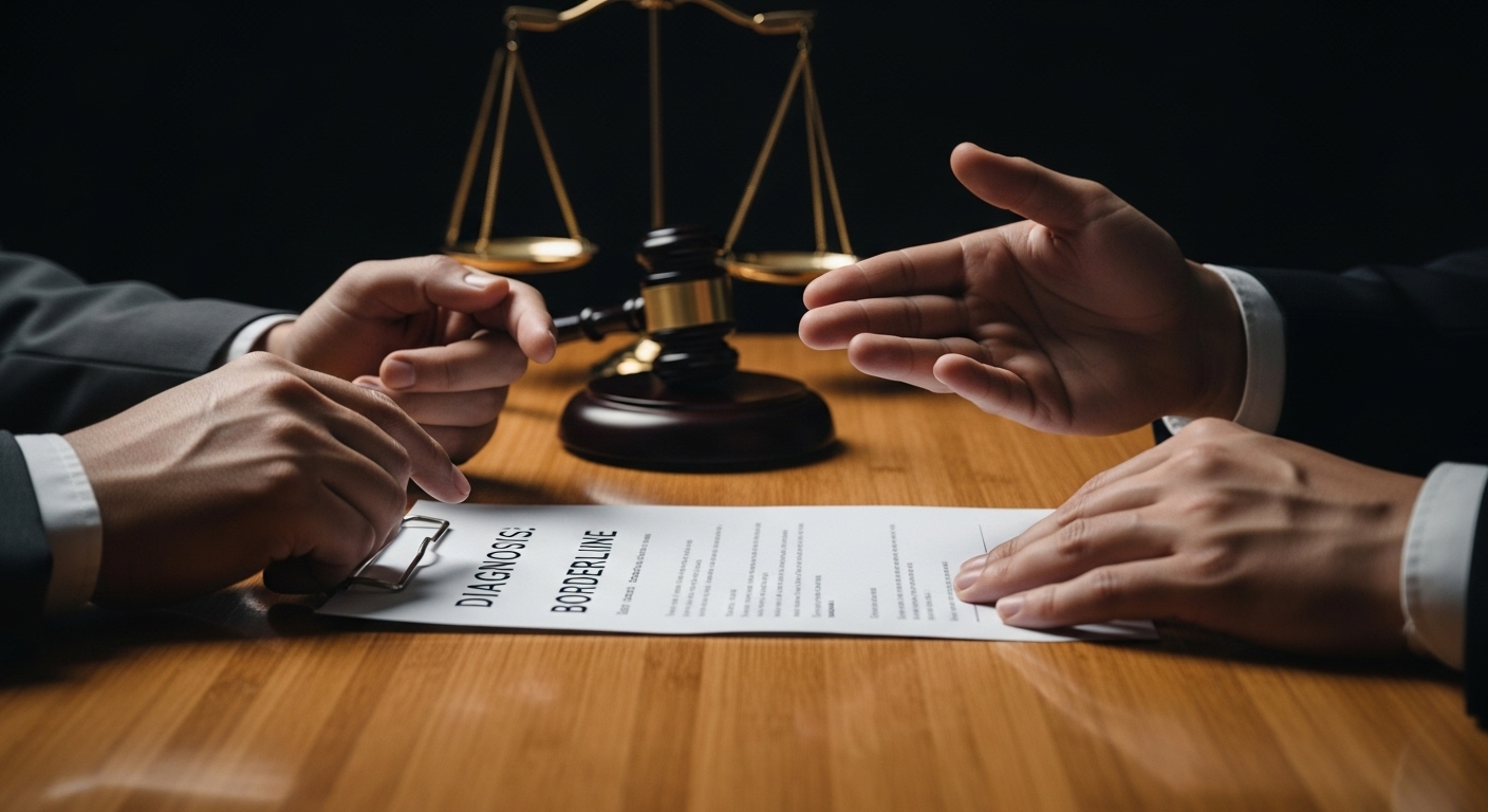 진단서를 사이에 두고 악수하며 대립하는 두 사람의 손, 뒤로 보이는 법봉