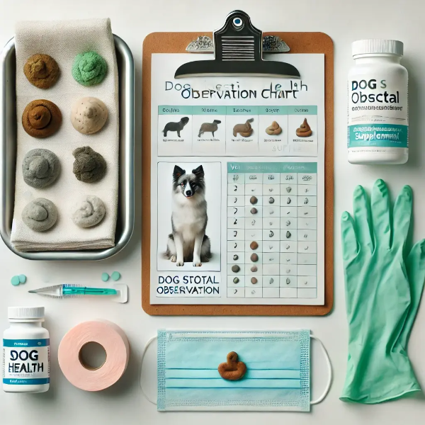 백색 배경 위에 반려견 대변 관찰 차트, 장 건강 보조제, 수의사용 장갑, 붉은 얼룩이 있는 티슈가 정돈된 구성