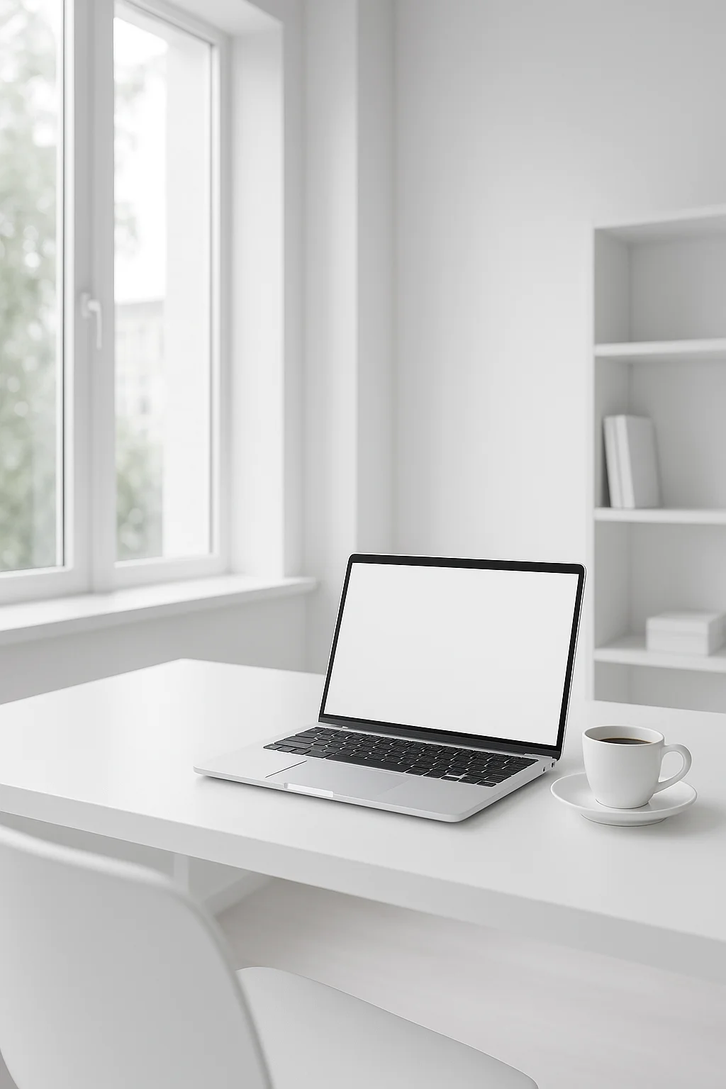 미니멀한 화이트 오피스 인테리어, 자연광이 들어오는 창가, 노트북과 커피컵이 책상 위에 정돈된 모습, 현대적이고 깔끔한 분위기, 고해상도, 가로형 구성