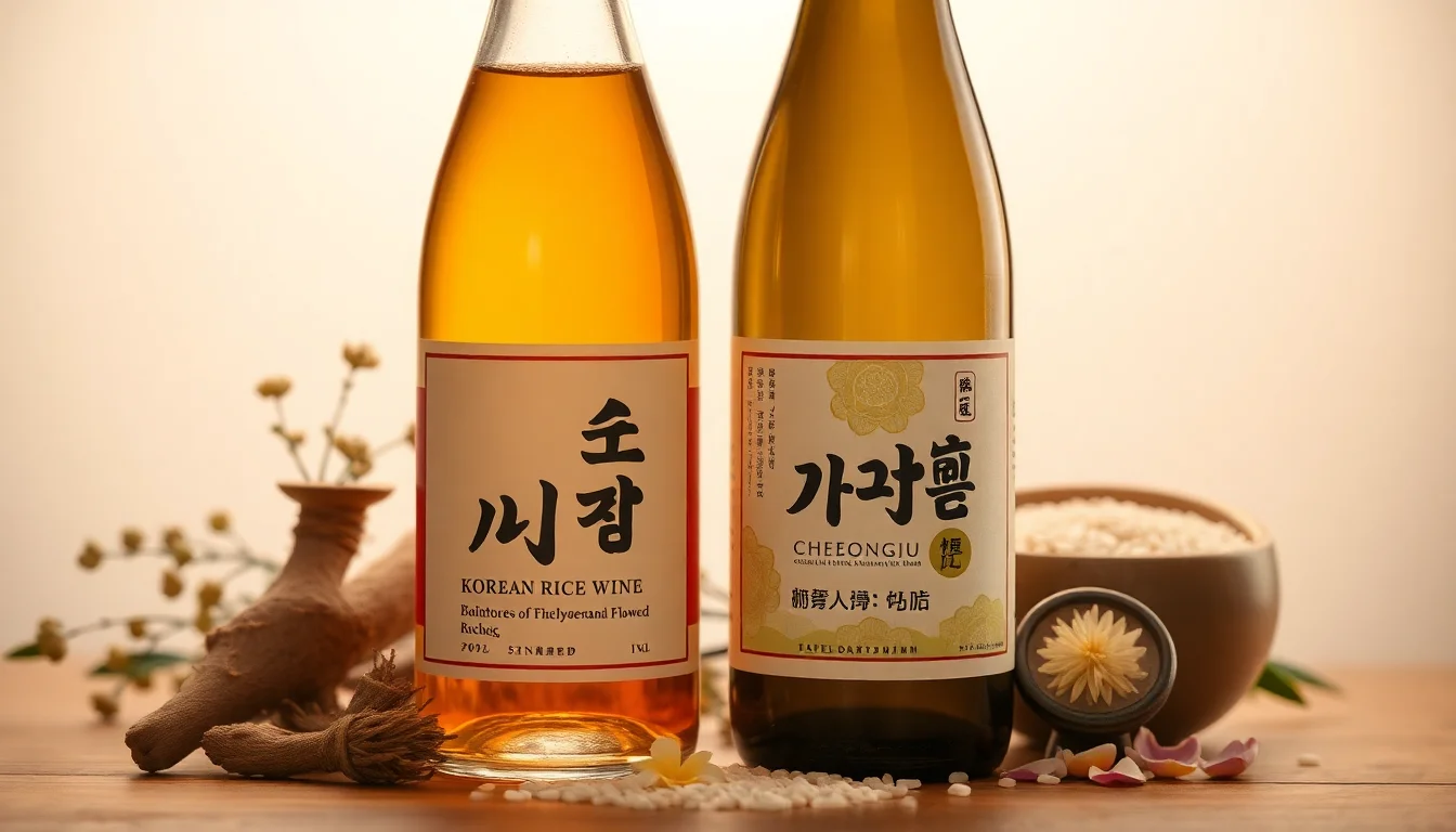 따뜻한 조명 아래 놓인 약주와 청주 병
