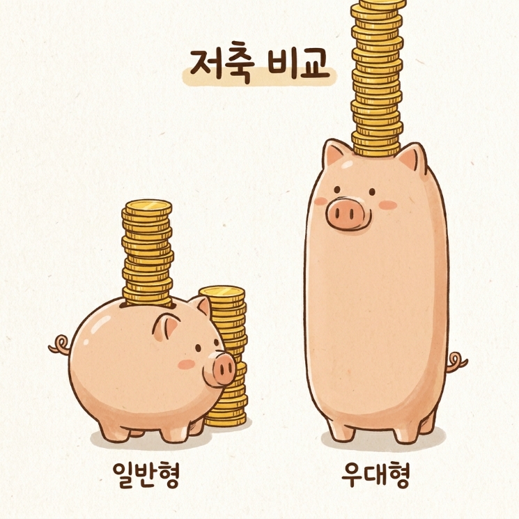 일반형과 우대형 두 개의 저금통에 각각 다른 높이로 쌓인 동전, 우대형 쪽이 더 높게 표현된 비교 일러스트
