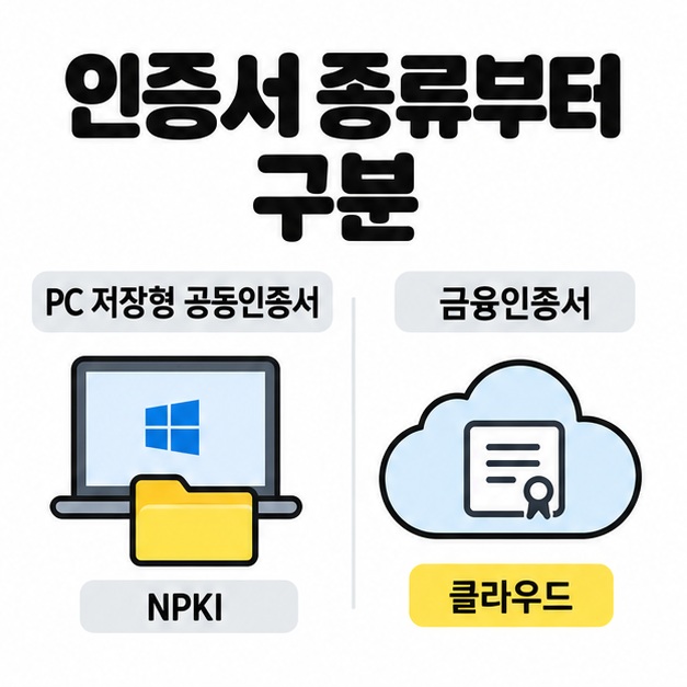 PC 저장형 공동인증서의 NPKI 폴더와 금융인증서의 클라우드 보관 방식을 비교한 그림
