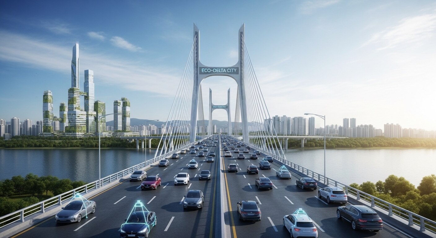 도시를 연결하는 대교위에많은 차들이 오고가고 있다