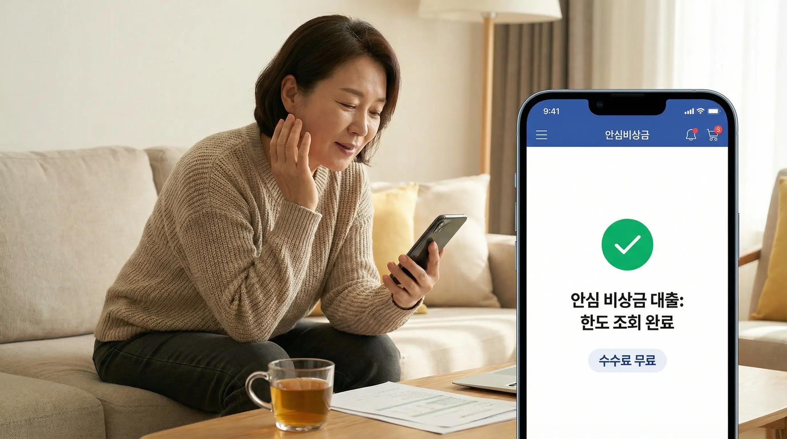 스마트폰으로 안전한 비상금 대출 한도를 조회하고 수수료 없이 자금을 마련하는 안도하는 모습