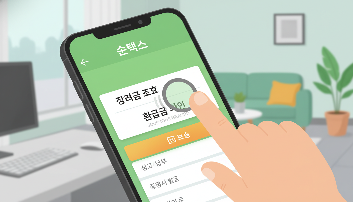 스마트폰 손택스 앱으로 근로&middot;자녀장려금 환급금을 간편하게 조회하는 모습, 디지털 화면과 손가락 클로즈업