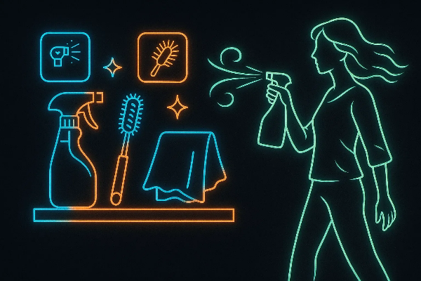 네온 라인 스타일로 청소 스프레이를 사용하는 여성과 다양한 청소 도구 아이콘이 함께 나타난 이미지