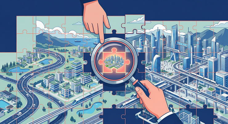 청약 당첨 확률을 높이는 틈새 평면도 전략을 상징하는 퍼즐 돋보기 일러스트