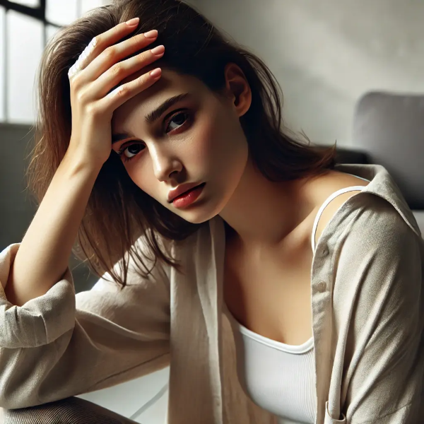 빈혈로 어지럼증을 느끼며 벽에 기대 앉아있는 여성 &ndash; 자연광과 뉴트럴톤의 실내 배경