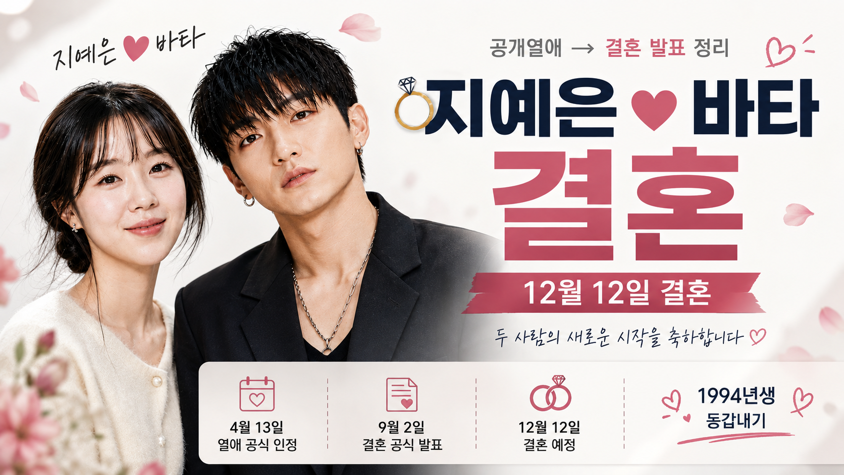 지예은과 바타가 2026년 4월 13일 열애를 인정한 뒤 9월 2일 결혼을 발표하고 12월 12일 결혼할 예정인 공식 일정