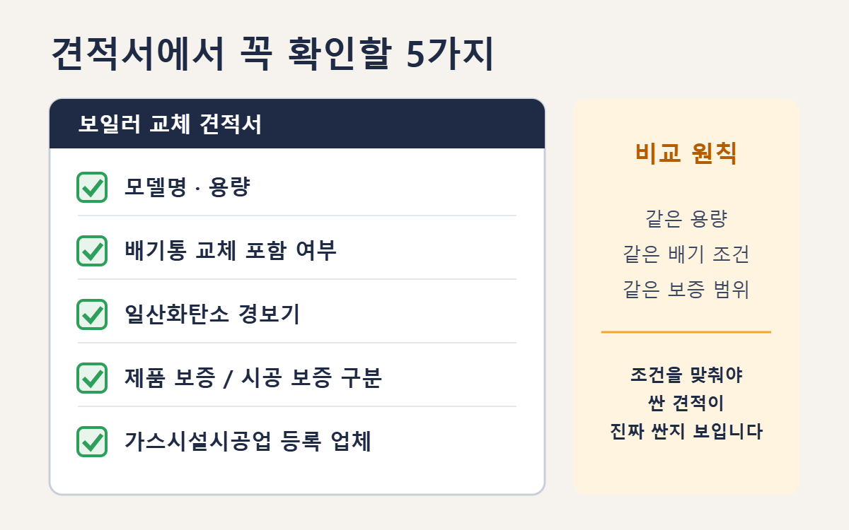 보일러 교체 견적서에서 확인할 모델명, 배기통, 일산화탄소 경보기, 보증, 시공업 등록 체크리스트