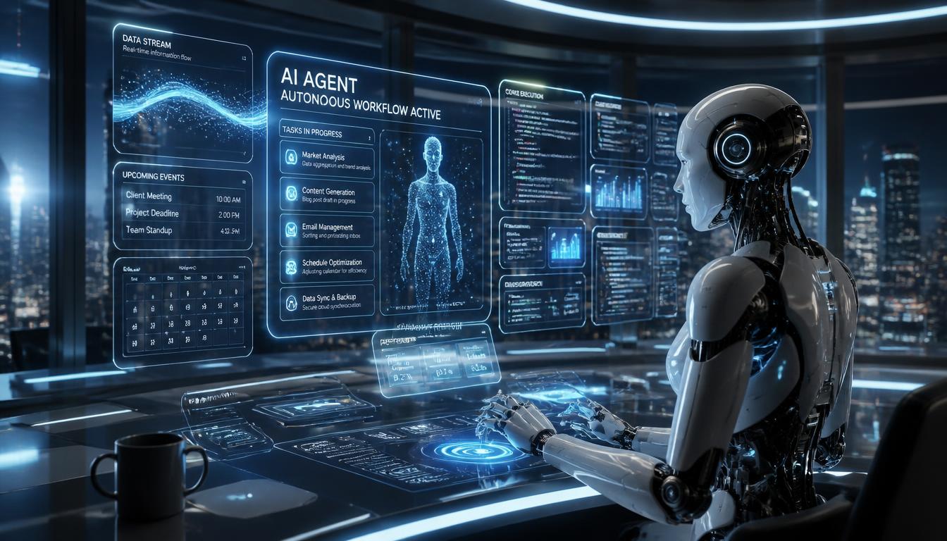 A sleek holographic interface showing an AI agent executing digital tasks.