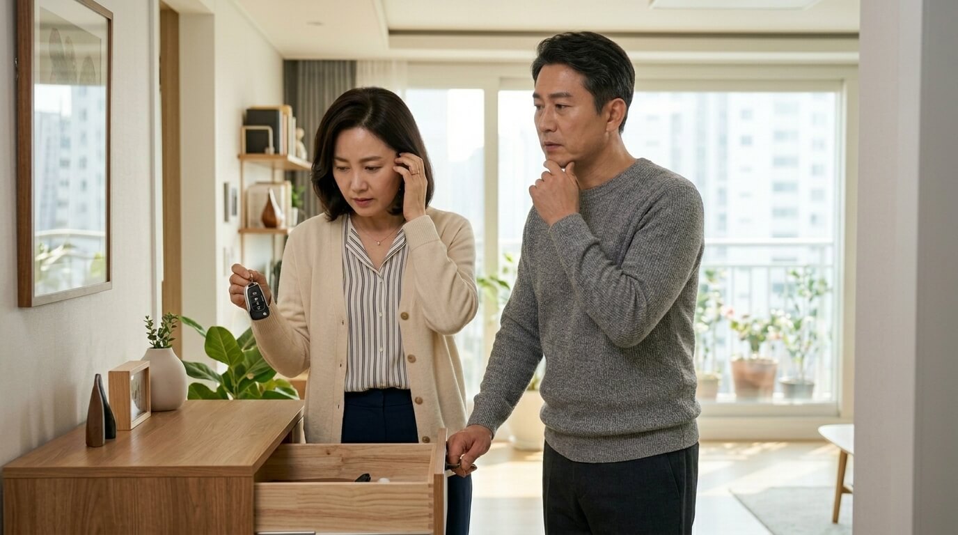 기억이 잘 나지 않아 생각에 잠긴 중년 남녀의 뇌 건강 관리 이미지