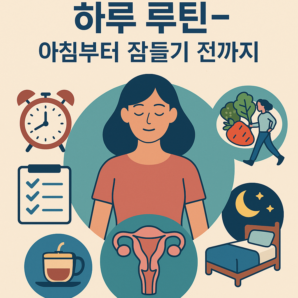 여성 호르몬 균형을 위한 하루 루틴을 표현한 일러스트 – 여성을 중심으로 시계, 식사, 수면, 운동, 자궁 아이콘이 배치된 구성