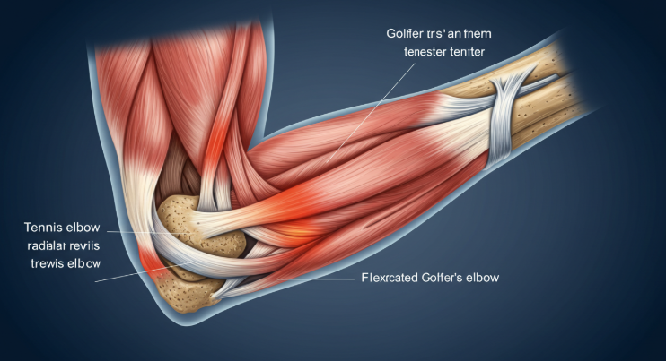 의학적으로 정확한 팔꿈치 해부도, 테니스엘보와 골프엘보 부위 표시