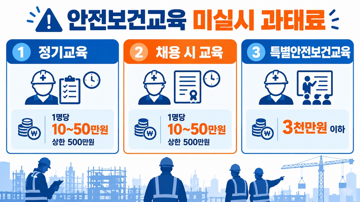 정기교육, 관리감독자 교육, 채용 시 교육, 특별안전보건교육의 과태료 기준을 비교한 인포그래픽