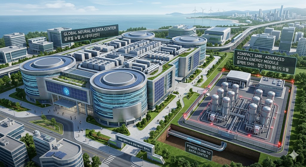 거대한 AI 데이터센터 옆에 콤팩트하게 배치된 SMR 모듈의 미래지향적 조감도