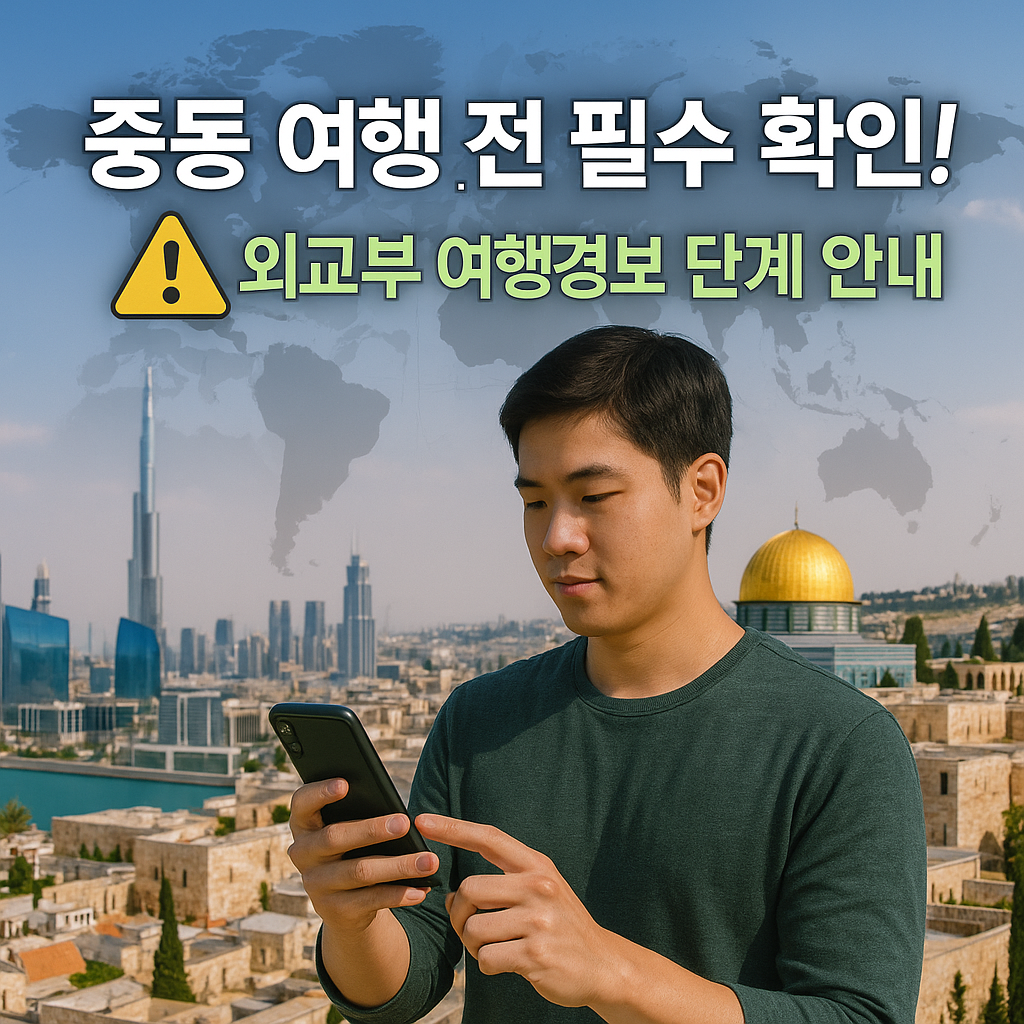 중동 도시 전경 속에서 안전여행 앱을 확인하는 한국인 여행자
