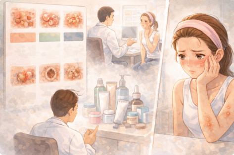 피부 고민과 치료하는 여성 이미지