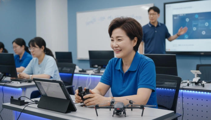 50대 학습자가 드론 교육원에서 강사의 설명을 들으며 실습에 참여하는 모습, 적극적인 학습 분위기를 나타냄.