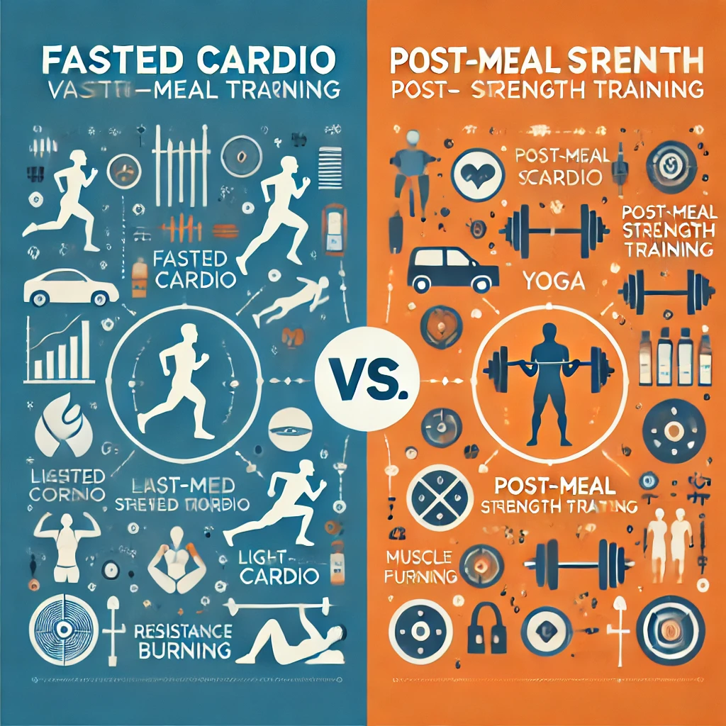 "공복 운동 vs 식사 후 운동 비교 인포그래픽 (Fasted Cardio vs. Post-Meal Strength Training). 공복 운동(파란색): 가벼운 조깅, 요가, 걷기 - 체지방 연소 효과. 식사 후 운동(주황색): 웨이트 트레이닝, 근력 운동 - 근육 유지 효과. 운동하는 실루엣 아이콘 포함, 건강한 운동 가이드."
