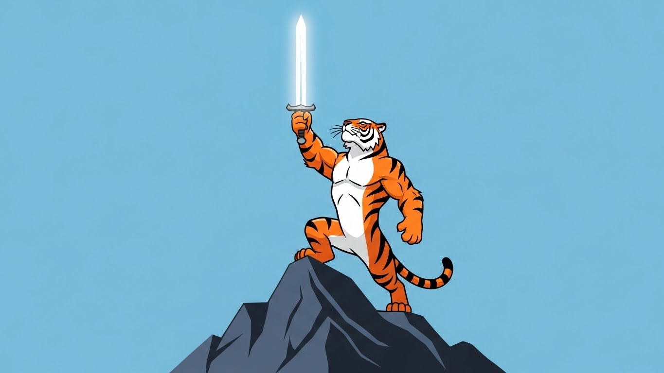 산 정상에서 검을 들고 기백을 뽐내는 강력한 호랑이 캐릭터의 2D 플랫 벡터 일러스트