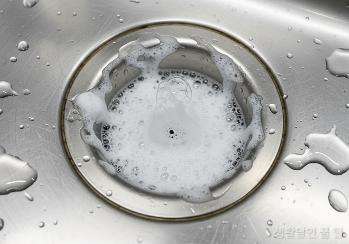 베이킹소다와 치킨 무 국물이 반응하여 거품이 나는 싱크대 배수구
