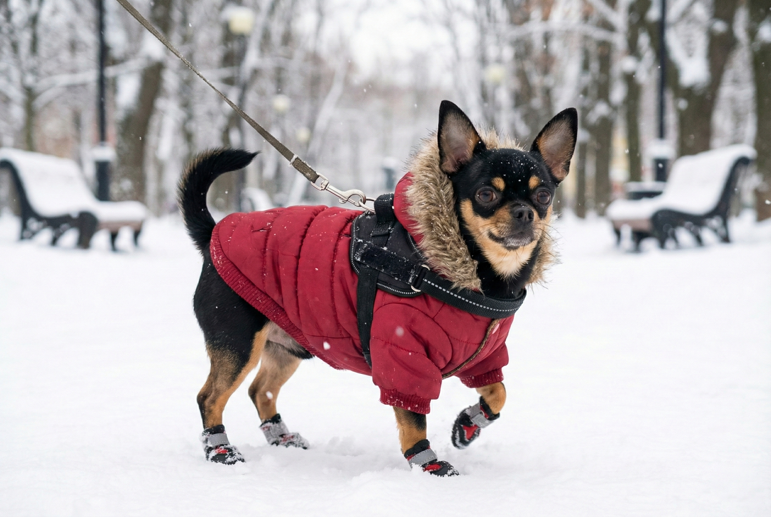 블랙탄 치와와가 겨울에 패딩입고 산책하는 장면