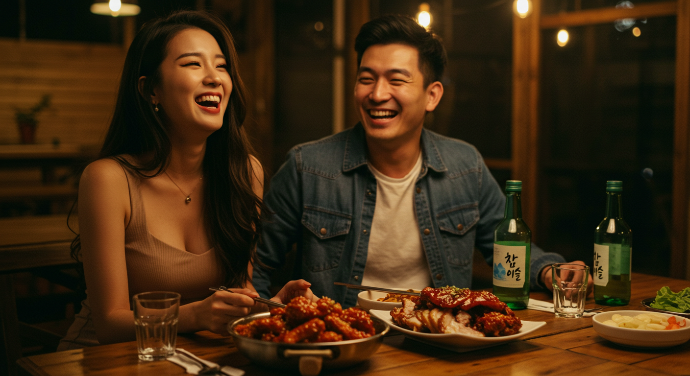 여자와 남자가 저녁에 치킨과 삼겹살을 먹고 있다