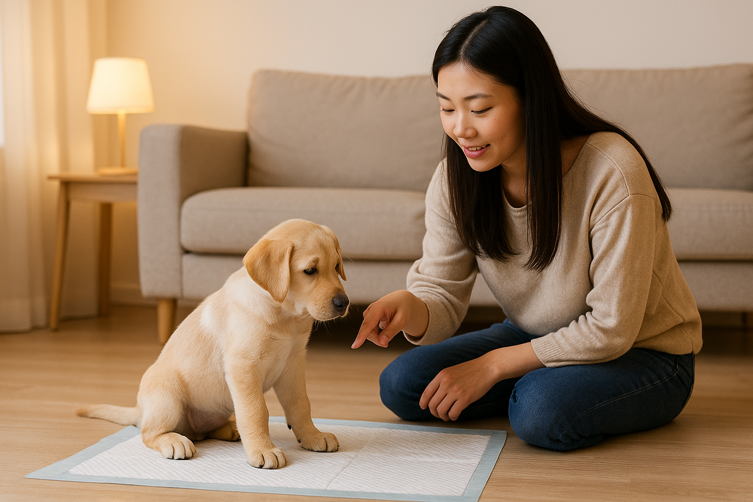 배변패드 위에서 훈련중인 강아지 이미지