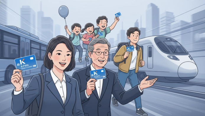 다양한 사람들이 K-패스 카드를 들고 대중교통을 이용하며 활기찬 도시를 배경으로 교통비 절감 혜택을 누리는 모습. K-패스의 편리함과 경제적 이점을 상징합니다.