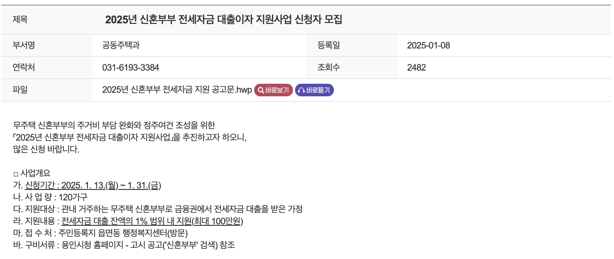2025년 용인시 신혼부부 전세자금 대출 이자 지원 사업 신청 방법