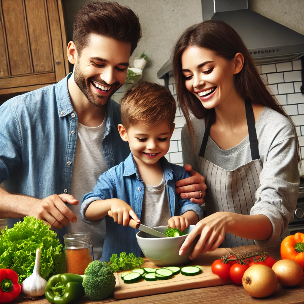 엌에서 함께 요리하는 가족의 모습. 부모는 아이에게 안전하게 채소를 자르는 법을 가르치며 웃고 있는&amp;#44; 지지와 학습의 분위기를 담은 장면