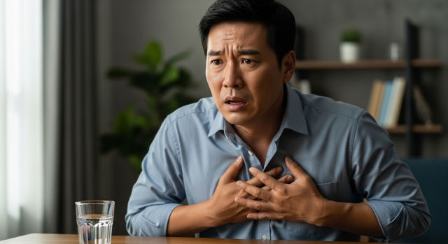 숨이 차서 가슴을 누르는 남성
