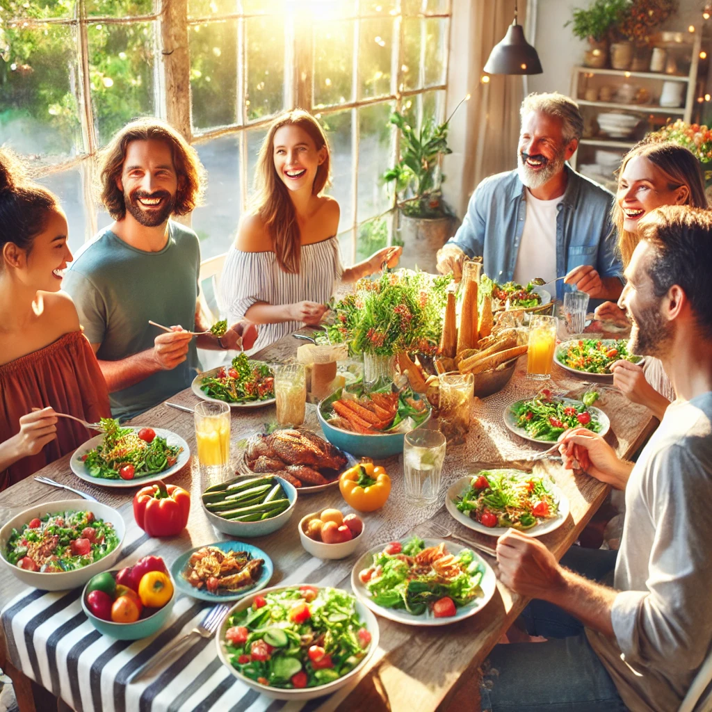 여러 사람이 모여 즐겁게 건강한 식단으로 함께 식사하는 모습