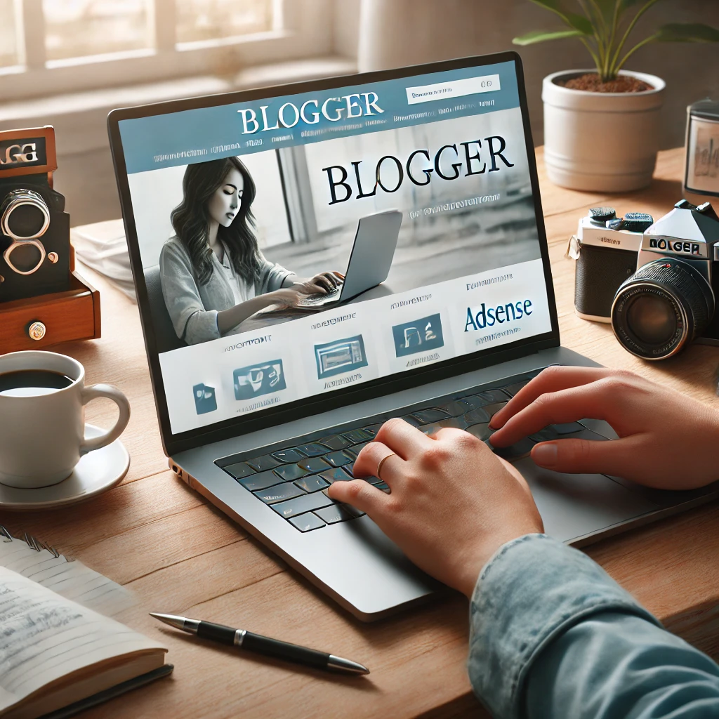 블로그 & 애드센스 수익 창출
집에서 노트북을 사용해 블로그를 운영하는 모습,화면에는 블로그 글과 광고가 보이며,카메라와 노트가 있어 콘텐츠 기획도 진행 중.