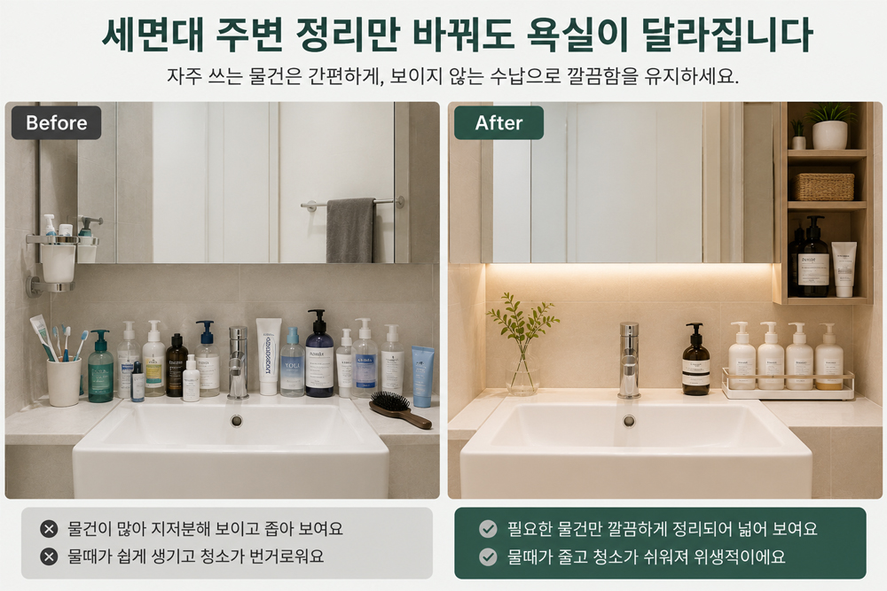 세면대 정리 전후 비교 이미지. 욕실 세면대 위 물건을 줄이고 수납을 정리해 호텔 욕실처럼 넓고 깔끔하게 연출한 공간 활용 사례