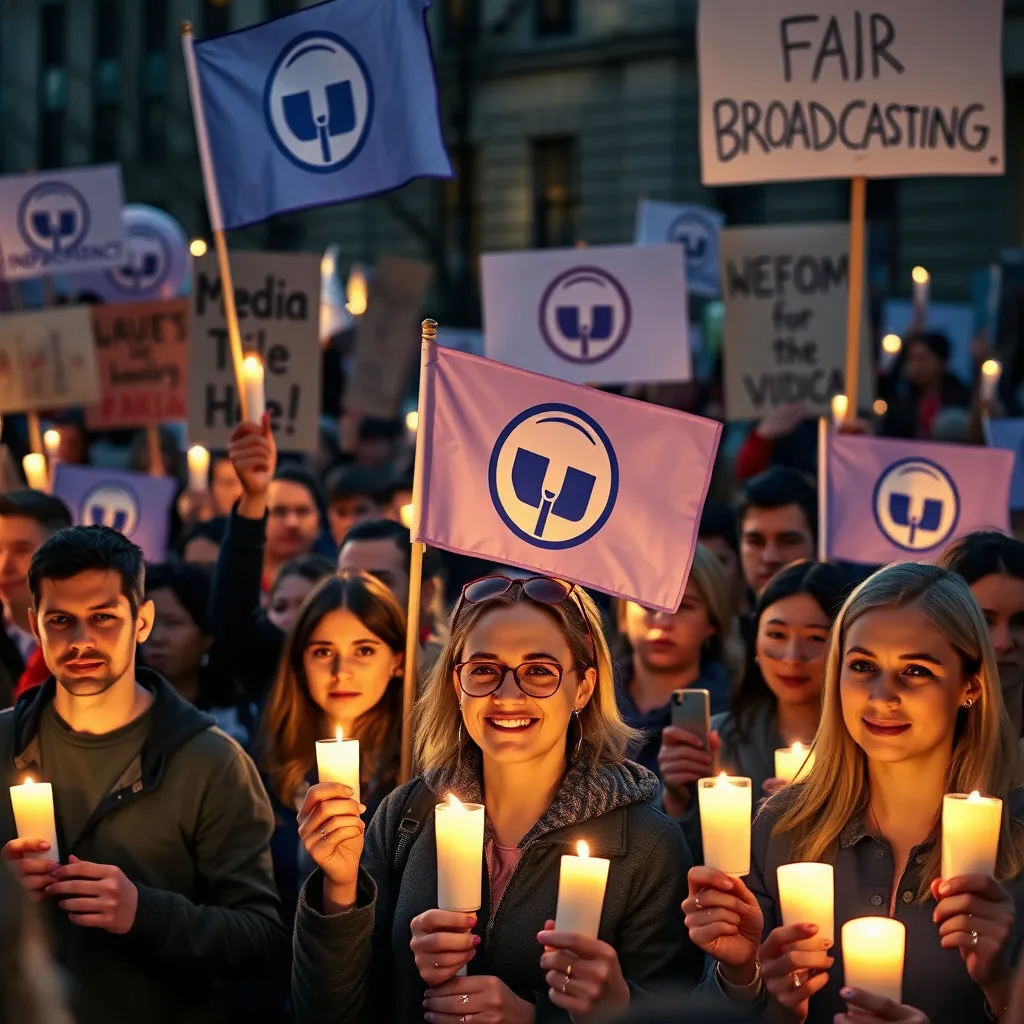촛불을 든 사람들이 광장에 모여 공영방송 로고가 새겨진 깃발을 흔들고 있습니다. 배경으로는 '언론 독립'과 '공정 방송'을 외치는 손글씨 피켓들이 보입니다. 결의에 찬 시민들의 모습