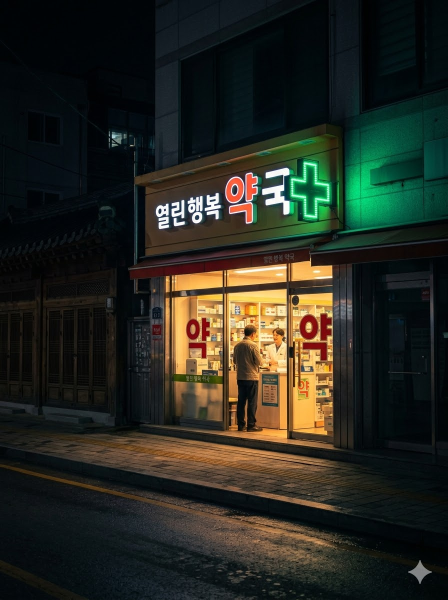 늦은 밤 불이 켜진 24시간 심야 약국 전경과 안도하는 사람의 모습
