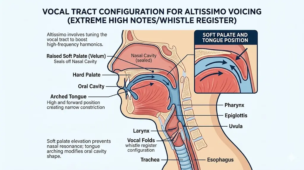 강력한 호흡 압력과 성대의 미세한 조절이 완벽하게 맞아떨어져야만 기괴한 마찰음(Squeak)이 아닌 청아한 초고음을 얻을 수 있음