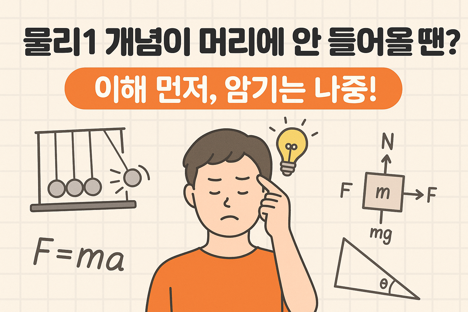 물리1-개념이-머리에-안-들어올-때를-주제로-생각하는-학생과-뉴턴-의자-운동-공식-F=ma-힘-도식이-그려진-교육용-일러스트-배경은-연한-베이지색-격자무늬
