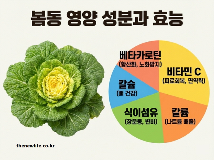 봄동 주요 영양 성분과 효능 인포그래픽. 베타카로틴, 비타민C, 칼슘, 식이섬유, 칼륨 등 5대 영양소의 기능과 배추 대비 함량 비교