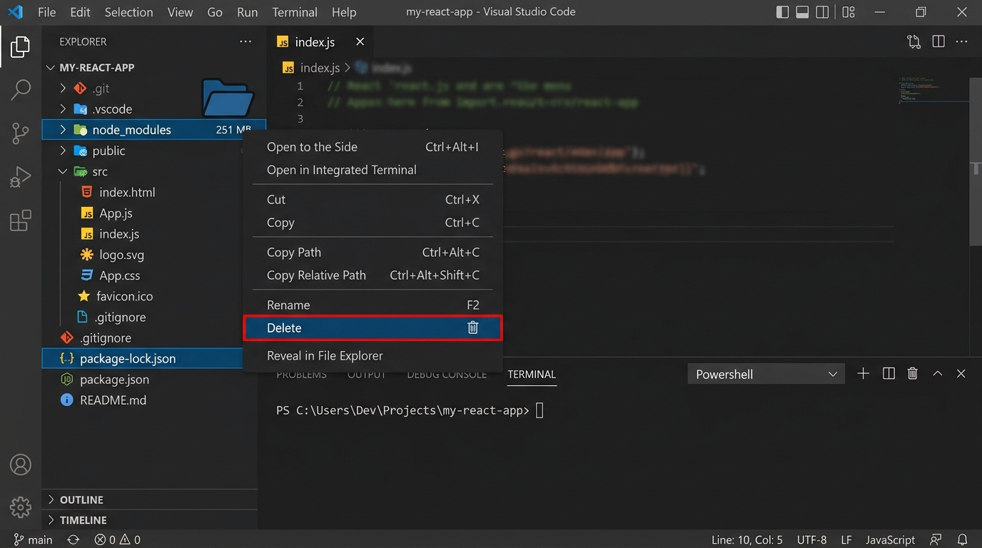 VSCode 탐색기 창에서 꼬여버린 의존성을 해결하기 위해 무거운 node_modules 폴더와 package-lock.json 파일을 삭제하는 휴지통 아이콘 화면