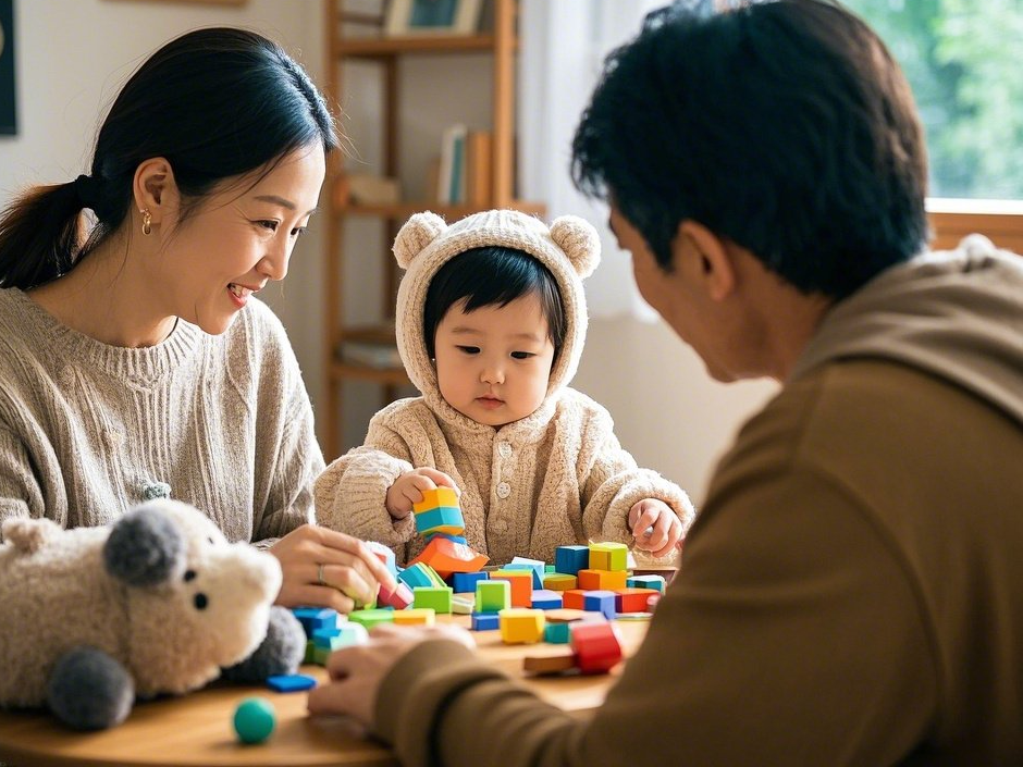 교구를 함께 고르며 소통하는 부모와 아니의 모습
