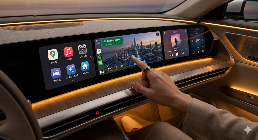 스마트폰 화면처럼 앱 아이콘이 떠 있는 미래형 자동차의 파노라마 디스플레이 대시보드